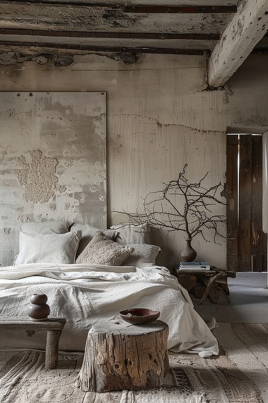 The scene is set in a rustic bedroom with a distinctly weathered aesthetic. Exposed wooden beams and rafters add character to the ceiling, complementing the space's raw and textured appearance. The walls, partially stripped of paint, showcase patches of bare plaster and wood, contributing to a shabby chic ambiance. In the center, a bed dressed in crisp white linens invites relaxation. Several neutral-toned pillows—of varying textures and patterns—add comfort and visual interest. Beside the bed, a weathered wooden stump acts as a nightstand, upon which sit two stacked, earthy-toned ceramic bowls. Adding to the room's natural and organic feel, a large, twisted branch is displayed in a clay vase on a simple wooden bench at the foot of the bed. This piece of nature juxtaposed against the textured backdrop creates a focal point that feels both artistic and unrefined. The room exudes a sense of serene neglect, where the beauty lies in the imperfection and the embrace of natural elements. A doorway to the right hints at the continuation of the dwelling, providing a glimpse into the architecture and style that likely permeates the rest of the home. ALT text: Rustic bedroom with exposed beams, partially stripped walls, a bed with white linen, and a decorative branch in a vase on a wooden bench.