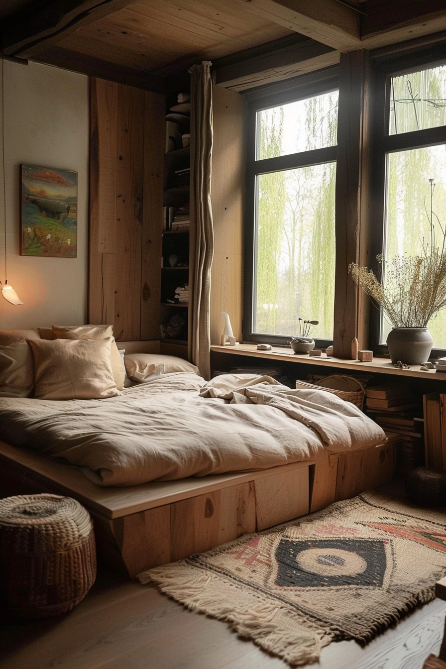 The scene is a cozy and warmly lit bedroom decorated with a natural, rustic aesthetic. A low-set wooden platform bed is placed in the center, covered with an untidy beige duvet and several matching pillows. To the right of the bed is a large window with a view of green trees and a soft natural light filtering into the room. A long, thin curtain is draped to one side of the window, contributing to the room's homey ambiance. In front of the window, a wooden desk or shelf runs the length of the wall, adorned with various items like pots with dried plants, a couple of small sculptures, and a tray with a teapot and cups suggesting a comfortable, lived-in space. On the left wall, there's a tall bookshelf filled with books and personal items, beside which hangs a framed painting featuring a landscape, adding a touch of artistry to the room. The floor is adorned with a woven rug with geometric patterns, adding texture and color to the wooden surface. A woven basket sits on the floor, contributing to the room's overall theme of handcrafted decor. Overall, the picture exudes a sense of serenity and invites relaxation.