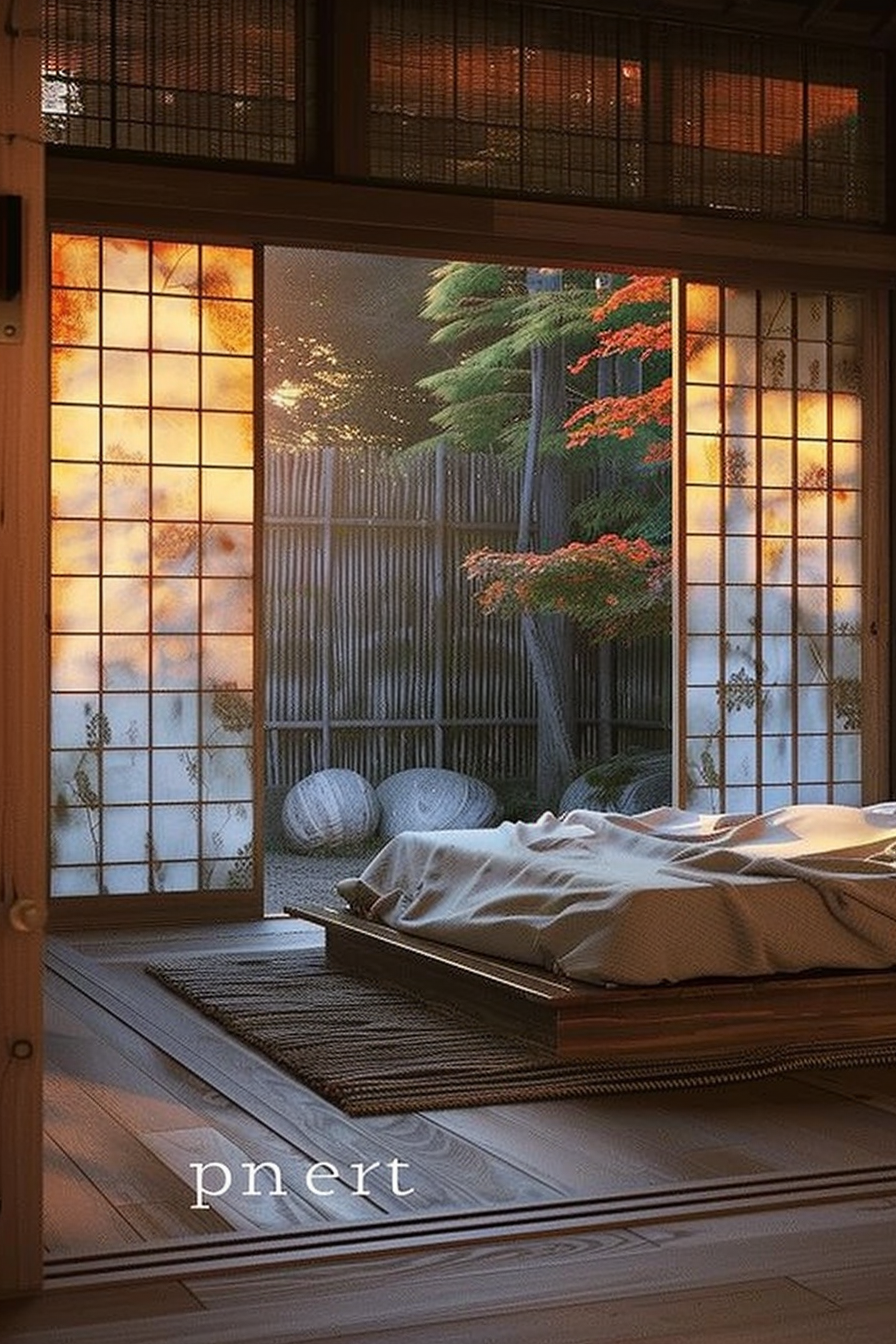 The image captures a serene and traditional Japanese interior at dusk. On the right, there's a low wooden bed with a neatly laid out white duvet, inviting a sense of calm and simplicity. The flooring consists of warm-toned wooden planks, complemented by a textured woven mat placed at the bedside, suggesting a tactile and organic quality to the room. On the left, a sliding door with translucent paper panels diffuses the warm golden light from outside, creating a relaxing ambient glow. The top half of the door has wooden grids without paper, revealing a bamboo fence and lush greenery outside, adding to the harmonious blend of indoor and outdoor elements. The vivid hues of an orange-red Japanese maple stand out among the green, indicating a change of seasons. Watermarked at the bottom center of the image is the text "pnert," which could be an artist's signature or an emblem associated with the picture. This intimate and tranquil setting encapsulates a traditional Japanese living space, embracing nature and simplicity.