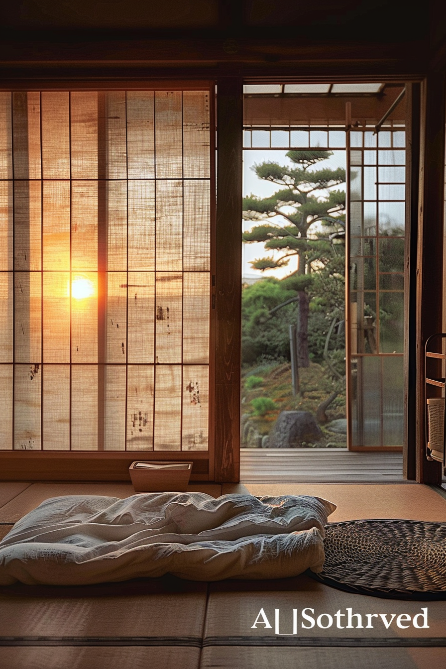 The image portrays a tranquil traditional Japanese room during sunset. A futon is laid out on the tatami mat flooring, suggesting a place for rest or meditation. There is a low, wooden side-table beside the futon and a woven, circular mat resting nearby. The room opens to a view of a manicured garden, with a prominent pine tree shaping the scene. The warm glow of the setting sun bleaches through shoji paper sliding doors, casting a soft light throughout the space and highlighting the delicate textures of the paper. The peaceful and minimalist aesthetic of the room invites relaxation and reflection. ALT text: Sunset viewed from inside a traditional Japanese room with tatami mats, a futon, and shoji doors, overlooking a Zen garden with a pine tree.