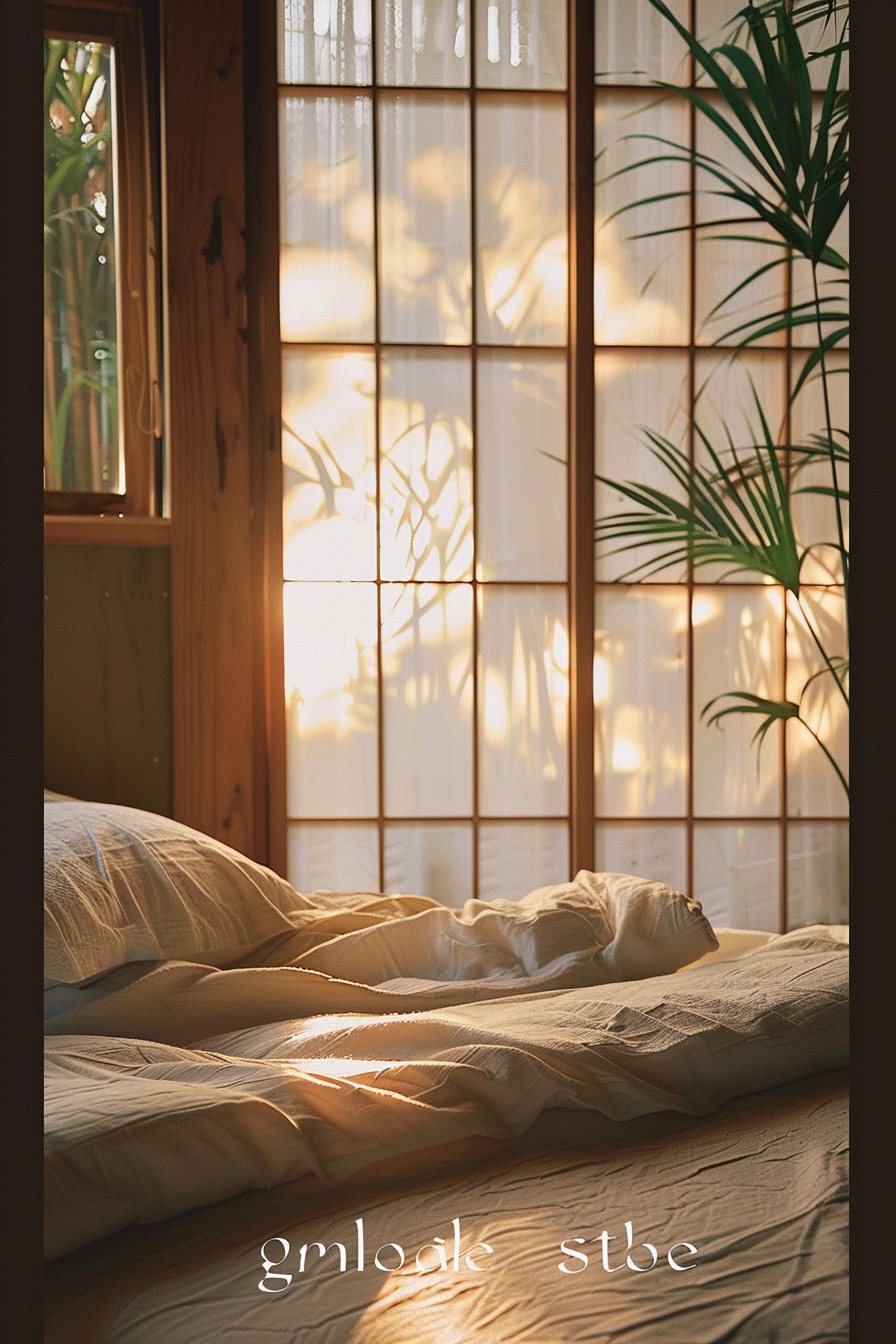 The scene unfolds in a cozy bedroom bathed in warm sunlight. Light floods through the translucent paper of a traditional Japanese shoji screen that partitions the room, creating a soft, luminous effect. The shadows of plant leaves are cast onto the screen, hinting at a natural setting just outside. A wooden window frame is partially visible to the left, reinforcing the room's rustic charm. The focal point is an inviting bed with rumpled linens, suggesting someone has recently awoken or rested there. The gentle disarray of the bedding contrasts with the tranquility of the morning light. The overall atmosphere is one of serene simplicity and quietude. Warm morning light streaming through a shoji screen onto an unmade bed, creating a peaceful and intimate ambiance.