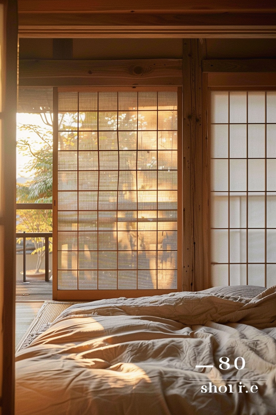 The image shows a cozy bedroom scene at what appears to be either sunrise or sunset. The room features traditional Japanese architecture, including sliding doors made of wood and paper known as shoji. The sunlight filters through another screen door, casting a warm, orange glow into the room, which is particularly evident on the rumpled bed in the foreground. The bed has an undone look, with its crumpled grey bedding suggesting that it has been recently used or has not been made yet. Beyond the sliding door, one can see a hint of trees, signaling a connection with nature. The combination of the lighting and the natural materials creates a serene and tranquil atmosphere. There is some textual content at the bottom right of the image which is obstructed, but it seems to be promotional or brand related. The overall scene evokes a sense of peace and simplicity.