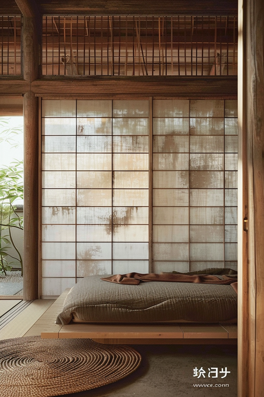The scene is of a traditional Japanese-style bedroom with a serene and minimalist aesthetic. A low wooden platform bed, topped with a folded brown comforter and pillows, occupies the center of the frame. The walls feature large sliding doors or panels made of wood and rice paper, which have taken on a patina that indicates age, contributing to the room’s tranquil and rustic charm. There's a round, woven floor mat near the bed, which adds texture to the space. Above the bed, there’s a mezzanine level with what appears to be a railing made of thin wooden slats, suggesting an additional living space or storage area. The room is well-lit, with soft light filtering through the translucent panels, hinting at a natural setting outside. The image evokes a sense of calm and simplicity, characteristic of traditional Japanese interior design. A fitting ALT text could describe the photo as an interior shot of a traditional Japanese bedroom with a wooden platform bed, aged rice paper doors, and minimalist decor, evoking a peaceful atmosphere.