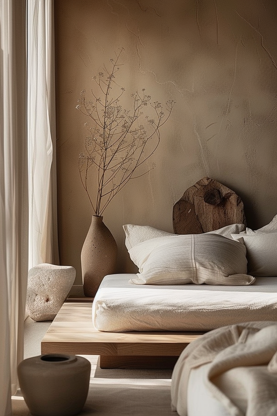 The image showcases a serene bedroom scene bathed in warm, natural tones. The walls have a rich, textured finish in a soft earthy hue, providing a soothing backdrop. A low-profile wooden platform bed sits in the foreground, adorned with crisp white linens and multiple pillows that invite relaxation. A natural wooden headboard with a unique, live-edge design leans casually against the wall, enhancing the room's organic aesthetic. To the right of the bed, a large, handcrafted vase made of terracotta holds an arrangement of dried botanicals, their delicate structure forming a subtle contrast against the textured wall. The room is flooded with soft, diffused light that gently spills in through a sheer curtain, creating an atmosphere of calm and tranquility. In the bottom left of the image, a smaller, stout vase sits on the light-beige floor, echoing the earthen shades and materials found throughout the space. This vignette is a testament to a minimalist, nature-inspired decor, seamlessly blending the elements of simplicity, craft, and the beauty of imperfection epitomized by the wabi-sabi aesthetic. Suitable ALT text might describe this as an elegantly simple bedroom with a focus on natural materials and textures, conveying peacefulness and a connection to the natural world.
