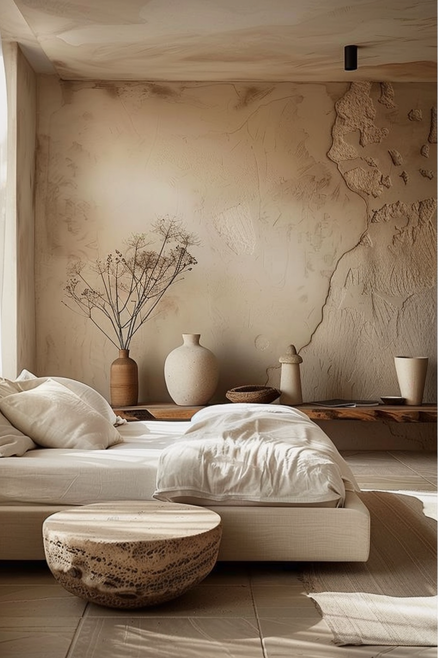 The image showcases a serene and minimalist bedroom interior with a strong natural and earthy aesthetic. Dominating the space is a low-profile bed with a cream-colored mattress and pillows, without a traditional bed frame, giving a grounded and simple feel to the room. This is complemented by a round, cork-like stool at the foot of the bed and a low wooden shelf that spans the length of the wall behind the bed, acting both as a headboard and a display surface. On this shelf, there are several ceramic vases and pottery in varying shapes and sizes, all maintaining a muted, natural palette that matches the room's tone. Dried botanicals fill one of the vases, introducing an organic element to the tableau. The lighting is soft and warm, possibly from the natural light that enhances the room's tranquil atmosphere. The wall itself deserves mention; it is textured and uneven, with a relief map-like appearance, which adds depth and an artistic touch to the space, creating an almost sculptural backdrop. Underfoot, large square tiles that match the wall color contribute to the cohesive and uncluttered feel of the bedroom. In summary, the bedroom design exemplifies a calming, earth-toned sanctuary with a focus on simplicity, natural materials, and a connection to the earth, thus establishing a tranquil and grounding environment.