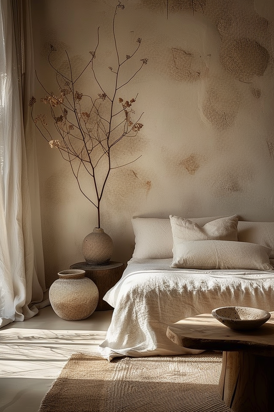 The scene shows a tranquil bedroom corner basked in soft natural light. A simple bed with a white linen cover is adorned with plush pillows, adding a sense of comfort and minimalist style. Next to the bed, a rustic wooden stool serves as a bedside table, showcasing a single-textured ceramic bowl. The neutral tones of the room are complemented by two large earthenware pots, one of which is placed on the ground while the other is set atop a wooden plinth. Each pot has a textured finish, lending an organic, earthy feel to the space. In the larger pot on the plinth, a tall, slender branch with dry flowers reaches upwards, creating an elegant and stark silhouette against the textured wall, where circular patterns subtly add depth to the overall aesthetic. A woven rug lies on the floor, contributing to the room's warm, textured layers. In the corner, a sheer curtain gently diffuses the sunlight entering through an unseen window. The atmosphere of the room is one of serenity and simplicity, with a deep connection to natural elements and textures.