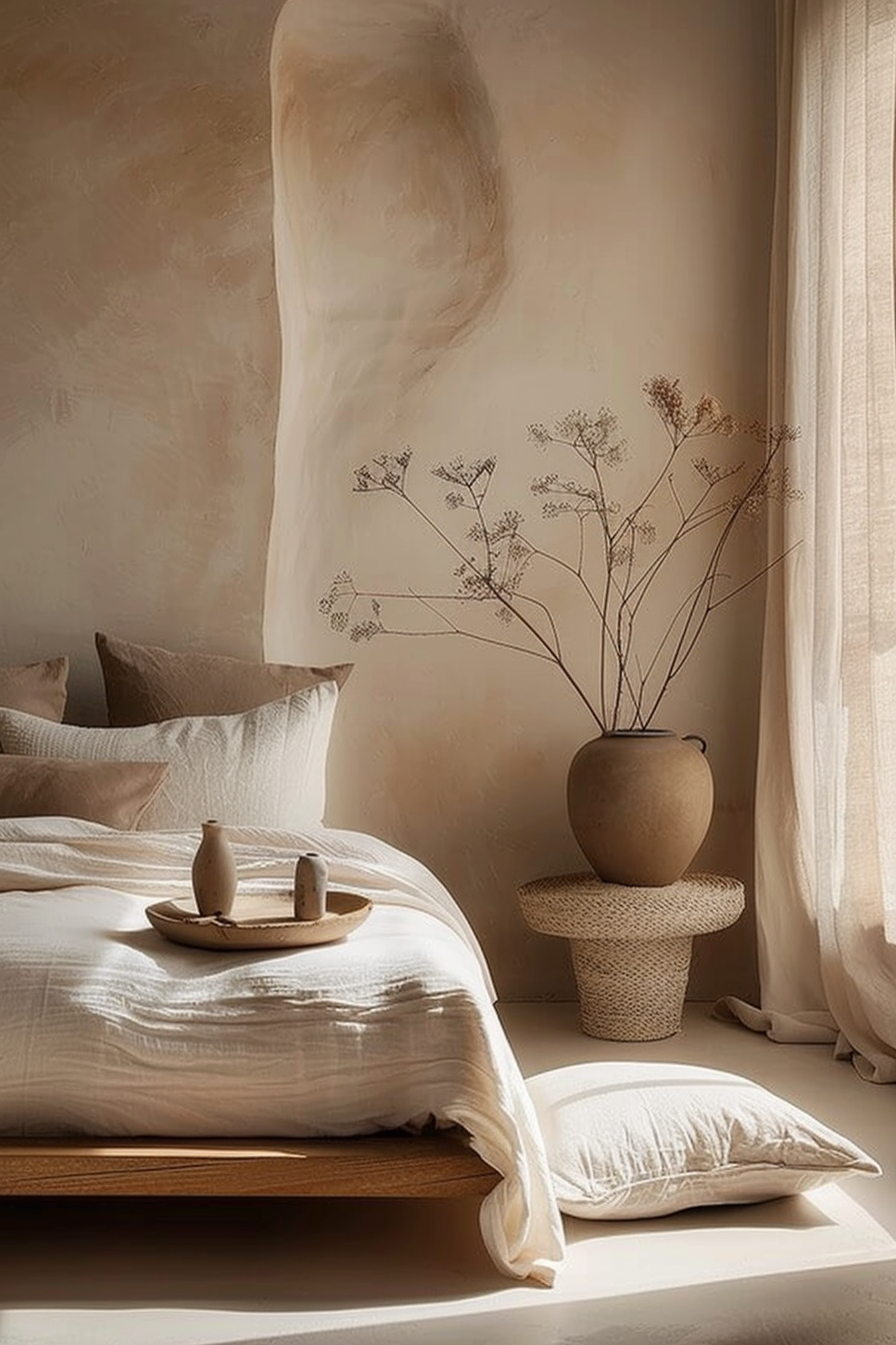 The image showcases a serene bedroom setting bathed in warm, natural tones. The bed, with a neatly made white linen duvet, lies low on a wooden platform. Two fluffy pillows and a smaller one in front rest against the headboard. On the bed, there is a round tray with two primitive-style clay objects. To the right, a stoneware vase atop a wicker stand carries a bouquet of dried botanicals that add an organic touch to the room. Textures are layered subtly through the smooth walls, the fabric of the curtain, and the natural fibers of the furniture and decor. Sunlight filters through the sheer curtain, casting a soft glow and enhancing the tranquil ambiance. The earthy color palette and simple, rustic elements invite a sense of calm and simplicity.