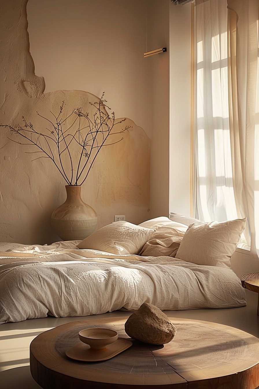 The scene is a cozy bedroom bathed in warm sunlight filtering in through a sheer curtain. The room has a serene and natural aesthetic, with a textured wall painted in a soothing neutral shade that provides a backdrop to a large ceramic vase on the floor. The vase holds a bunch of tall dried plants or grasses, contributing to the room's organic feel. A comfortable-looking bed with plush pillows and a soft duvet sits invitingly in the space. The wrinkled texture of the bedding implies a relaxed and lived-in ambiance. In the foreground, a large round wooden table centers the room, adding to the natural vibe with its raw and simple design. Atop the table are two objects, a small bowl next to a large, irregularly shaped rock, which provides a touch of raw nature inside the room. Soft shadows from the window create a pattern on the wooden table and portions of the bed, giving the room a tranquil and restful atmosphere. The light and the layout of the elements suggest a late morning or early afternoon time of day, ideal for relaxation or contemplation.