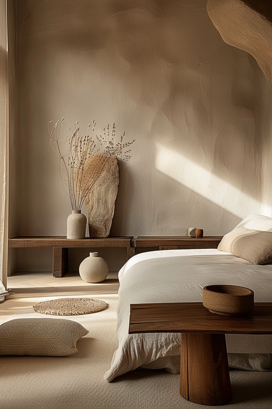 The scene depicts a cozy and minimalist bedroom with earthy tones and natural materials. A stream of sunlight is cast through a window, creating a warm, inviting atmosphere. The walls are textured in a soft beige hue, enhancing the organic feel of the room. A low wooden bed platform, dressed with crisp white linens and earth-toned pillows, sits at the center, accompanied by a wooden bench at its foot. A simple wooden nightstand displays a small brown bowl. Above it, an abstract organic-shaped art piece adds visual interest to the space. On the side, a small wooden shelf holds a textured vase with dried botanicals offering a touch of nature. A round, beige vase sits beneath the shelf, maintaining the room's neutral color palette. Two spherical woven floor cushions are placed near the bed, and a large wooden bowl rests atop the bench, all contributing to the room's natural and restful aesthetic. The carpeting has a natural weave, complementing the tone and textures found throughout the room, creating a serene and tranquil sleeping area that invites relaxation.