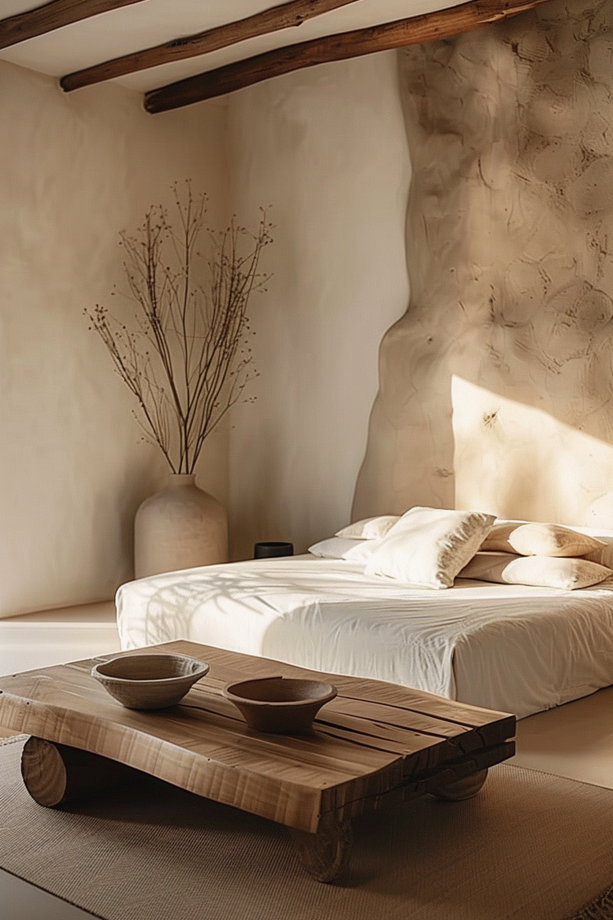 The image shows a cozy and rustic bedroom setup that exudes a calm and serene vibe. There is a low-profile bed with a white duvet and multiple plush pillows, sitting against an irregularly textured wall that appears to be made of natural materials, possibly clay or a similar earthy plaster finish. The wall hosts a large slender vase with dried branches, adding an organic touch to the room's decor. A rough-hewn wooden beam is visible overhead, suggesting a rustic or country-style interior. In the foreground, there is a low wooden table with a thick, sturdy design, featuring wheels that give it a unique, perhaps handcrafted look. On the table, two textured ceramic bowls contribute to the room's natural aesthetic. The lighting is soft and warm, with sunlight casting gentle shadows on the wall and a soothing ambience across the space. The color palette consists of earth tones, reinforcing the natural and tranquil atmosphere of the room. The room is carpeted with a simple woven rug that matches the understated theme. Overall, the image showcases a simplistic yet stylish interior design that emphasizes comfort and a connection to natural elements.