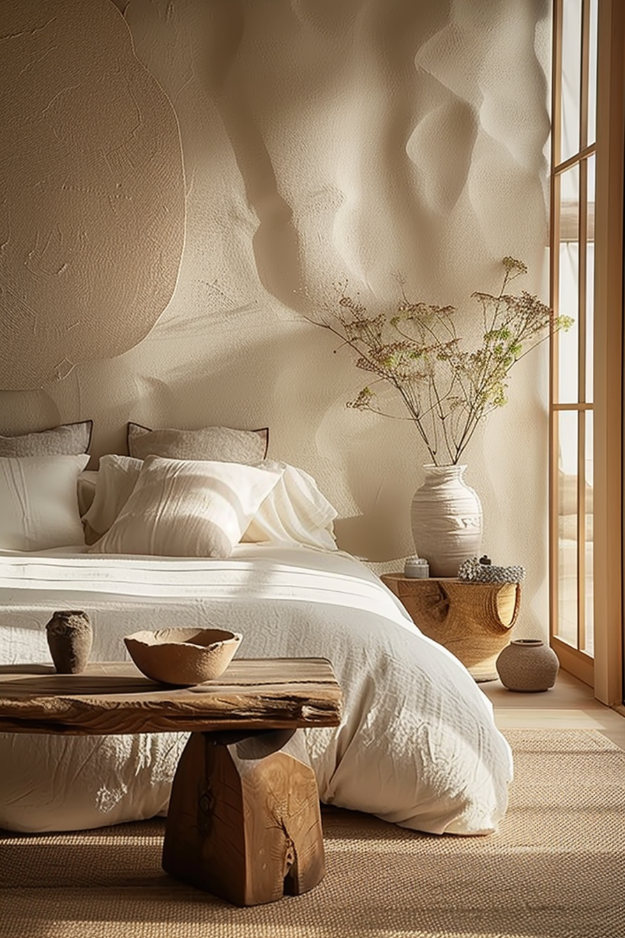 The scene presents a cozy bedroom with a serene and natural aesthetic. The wall behind the bed showcases an artistic, textured finish that adds depth to the space. The bed itself is dressed in crisp white linens with multiple plush pillows suggesting comfort and relaxation. At the foot of the bed, there's a rustic wooden bench, holding two earthenware bowls, which contributes to the organic feel of the room. To the right, near the large window with sunlight streaming in, there's a tall, textured vase holding a delicate arrangement of dried plants. This vase rests on a wooden surface alongside other smaller pottery pieces, a basket, and another smaller vase, creating a harmonious display of handmade objects. The flooring is covered with a woven rug that complements the warm color palette of the room, enhancing the welcoming and earthy vibe. Overall, the space feels tranquil and inviting, with a strong connection to nature through the use of materials and decor.
