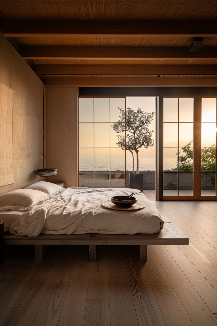 The image shows a serene and cozy bedroom at dusk. The room features a modern, low-platform bed with light-colored bedding and pillows. On the bed lies a wooden tray with a simple bowl on top. Large, floor-to-ceiling windows fill the rear wall of the room, providing an expansive view of the sunset and the ocean beyond. A single tree outside is silhouetted against the golden sky. The room has a minimalist aesthetic, with wooden floorboards, wall panels, and a warm-toned, wood plank ceiling. An overall sense of calm and tranquility emanates from the space, inviting relaxation and reflection. The image captures the peaceful transition from day to evening in a quiet, comfortable interior space with a stunning natural backdrop.