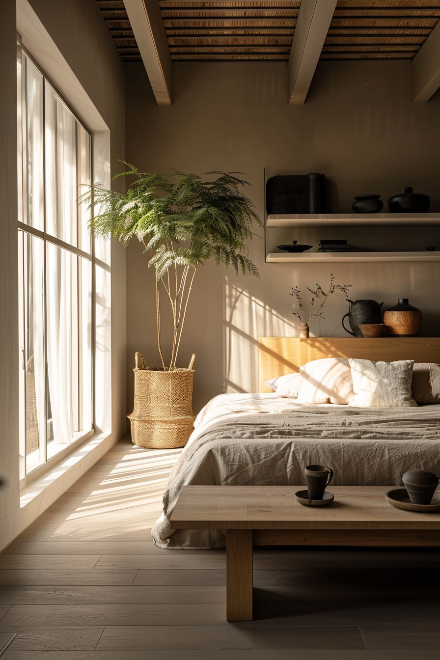 The scene is of a cozy bedroom basked in the warm glow of natural light filtering through sheer curtains of a large window on the left. The play of light and shadow creates a pattern on the wooden floor. A large, leafy potted plant sits in a woven basket directly in the sunlight, adding a touch of greenery and life to the space. On the right side, there is a low bed with a wooden frame, topped with neutral-toned linens and several plush pillows. The bedding appears soft and inviting, suggesting comfort and relaxation. In front of the bed, a wooden bench-like table holds a couple of ceramic cups and bowls, contributing to the minimalist and natural aesthetic of the room. Above the bed, floating shelves are anchored to the wall, holding a small collection of dark-toned pottery that complements the earthy color palette of the room. The ceiling features exposed wooden beams and woven textures, adding to the rustic charm of the space. Overall, the image evokes a serene and peaceful atmosphere, ideal for rest and respite.