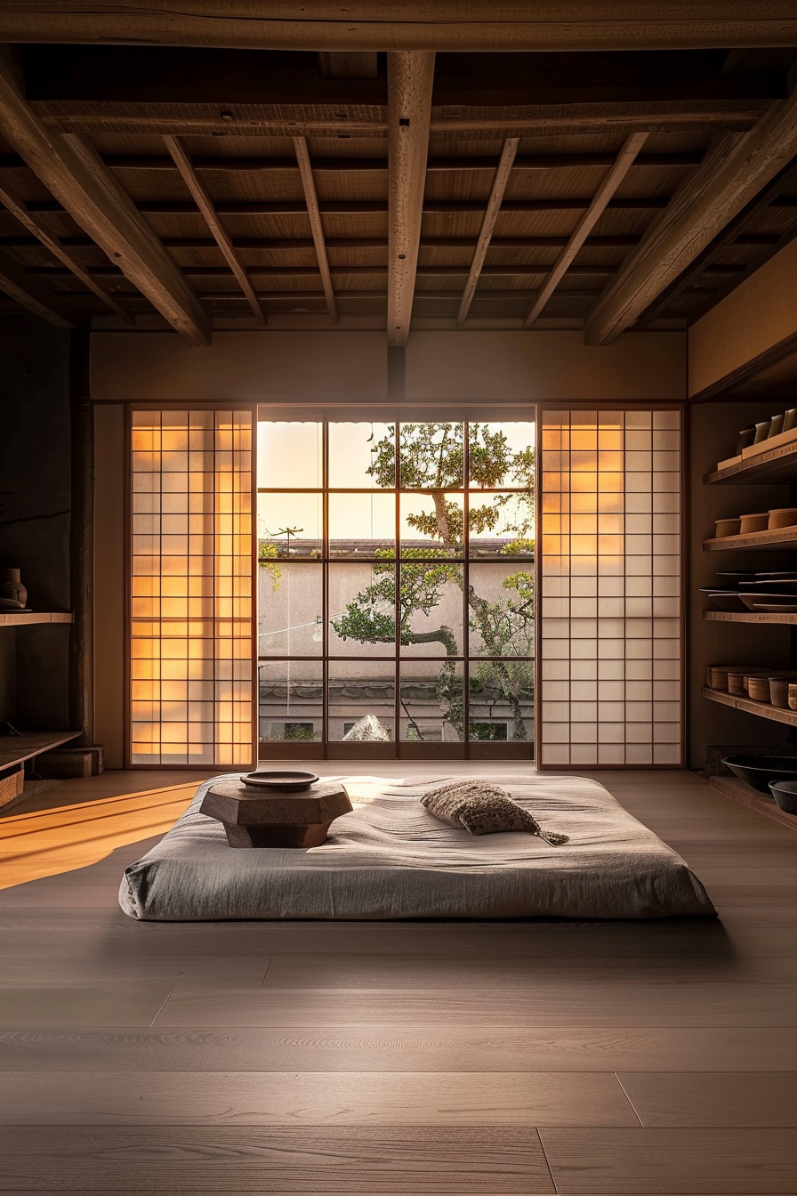 The image shows a tranquil and neatly organized traditional Japanese room during what appears to be either sunrise or sunset, given the soft golden hue of the light bathing the room. Exposed wooden beams run across the ceiling, contributing to the room's warm and natural aesthetic. On the clean, polished wood floor, there's a low-lying mattress with a gray bedspread and a textured pillow, providing a minimalist sleeping or resting area. In front of the mattress is a wooden table with a few items on top, possibly for tea or incense, set to be enjoyed in this serene environment. To the left, large sliding doors with translucent paper panels allow gentle light to diffuse into the room, casting a calm ambiance. The doors are complemented by large glass panes that frame a view of a tree and the outside environment, connecting the room with nature. To the right, open shelving holds an arrangement of curated pottery and objects, each placed with deliberate spacing, reinforcing the room's overall sense of order and simplicity. The image inspires a sense of peace and minimalism, embracing core elements of traditional Japanese interior design such as natural materials, simplicity, and harmony with nature. It could serve as an ideal visual representation of a space designed for contemplation, meditation, or a peaceful retreat.