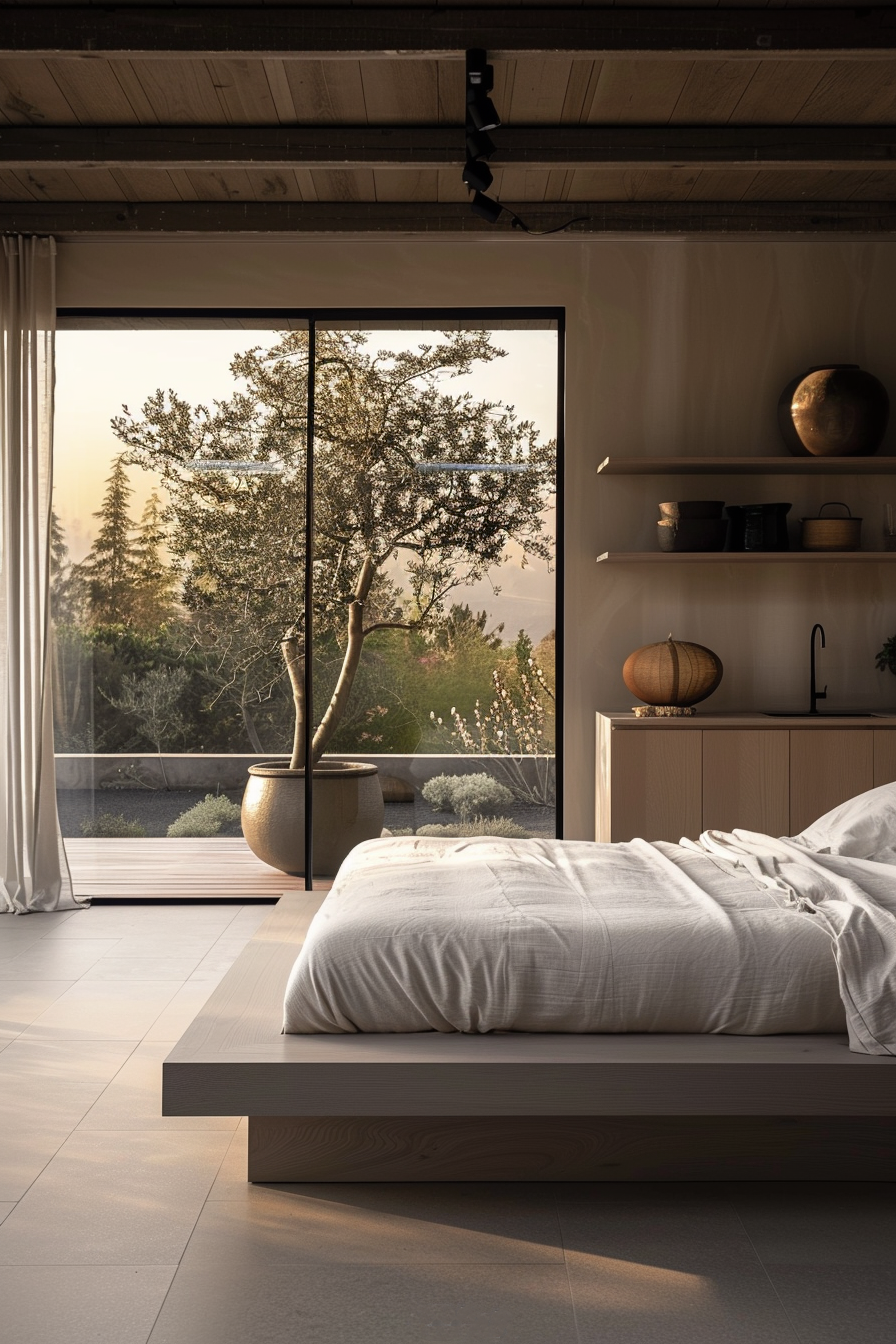 The scene is a bedroom with a contemporary and minimalist aesthetic. A low-profile bed is at the forefront, dressed with light grey bedding. The floor is a warm-toned tile that complements the earthy hues found throughout the room. To the right of the bed, there's a wooden shelf with carefully arranged items including a round basket, decorative jars, and a round metal bowl. The room is well-lit with natural light that streams in through a large sliding glass door, offering a view of a tranquil outdoor setting. A potted tree stands just outside the door on a raised deck area, surrounded by shrubbery and other small plants, highlighting a connection with nature. The glass door reflects the calm morning or evening sky, hinting at a serene environment. The room evokes a sense of peace and simplicity, designed to blend indoor comfort with the beauty of the outdoor landscape. An appropriate ALT text could be: "Modern minimalist bedroom with natural light, a low bed with grey bedding, wooden shelf with decorative items, and a large glass door providing a view of a potted tree and serene outdoor garden at sunset or sunrise."