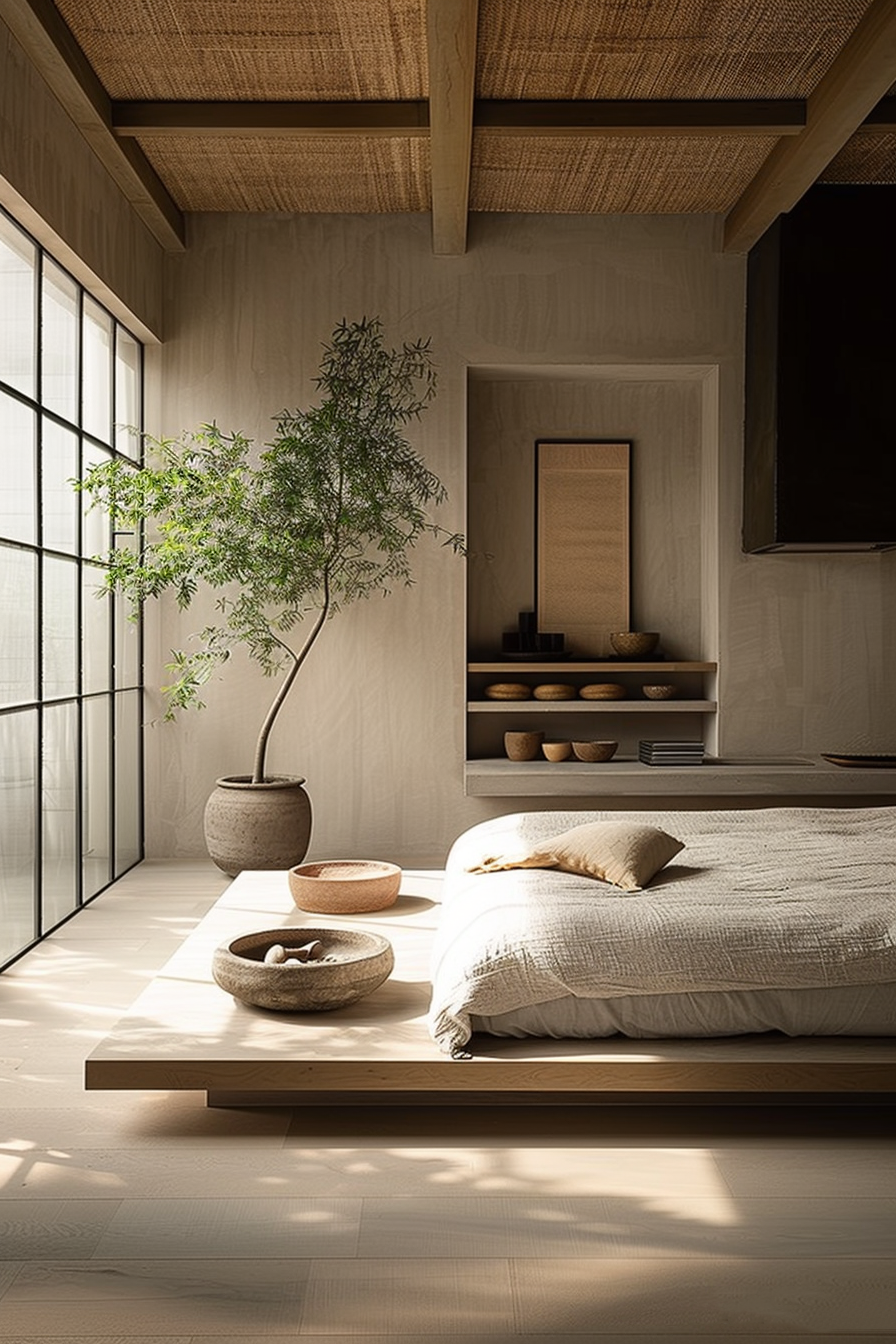 The image shows a serene and minimalist bedroom set in a natural and earth-toned color palette. The room has a modern, low-profile platform bed with a textured beige comforter and a single tan pillow. To the left, natural light from a window flanks a tall potted plant, adding a touch of greenery and enhancing the tranquil vibe of the space. The ceiling is characterized by wooden beams with a matching rattan weave, contributing to the organic feel of the room. A built-in shelf on the wall opposite the bed displays a collection of rounded bowls and decorative objects, complementing the room's aesthetic. The flooring is a light wood, reflecting the sunlight and adding warmth to the space. Overall, the room encapsulates a calm, clean, and contemporary atmosphere with a strong connection to natural elements.