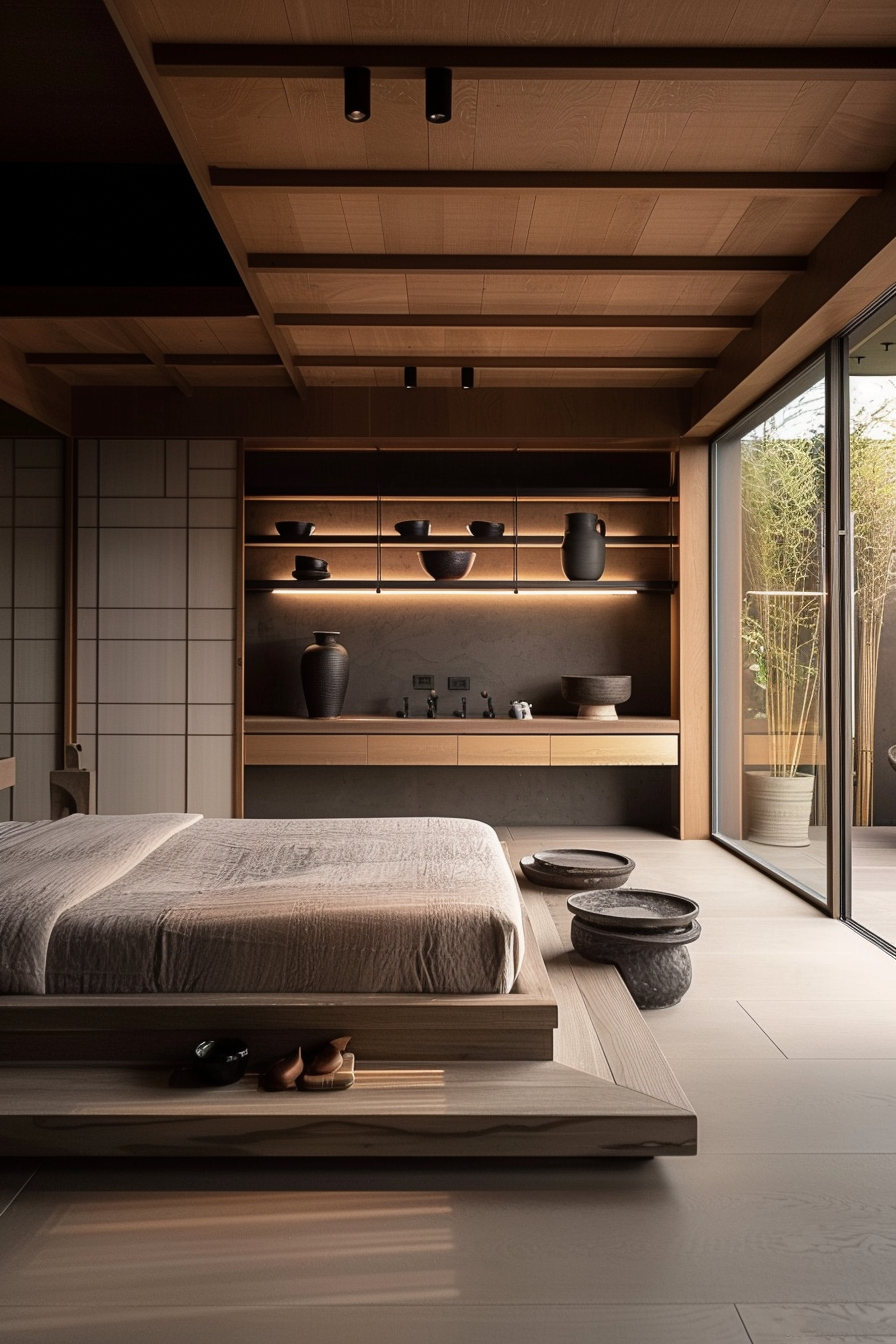 You are looking at a modern bedroom with a minimalist, Zen-inspired design. A low-profile wooden bed is at the center, topped with a neat grey bedspread. The room is adorned with warm wooden tones, from the flooring to the ceiling, which features linear timber beams. Behind the bed, a built-in shelf hosts an array of crafted pottery in muted colors, providing a decorative yet tranquil atmosphere. A large glass door to the right offers a view of the outside greenery, letting in natural light. The scene is carefully composed to evoke a sense of calm and simplicity.