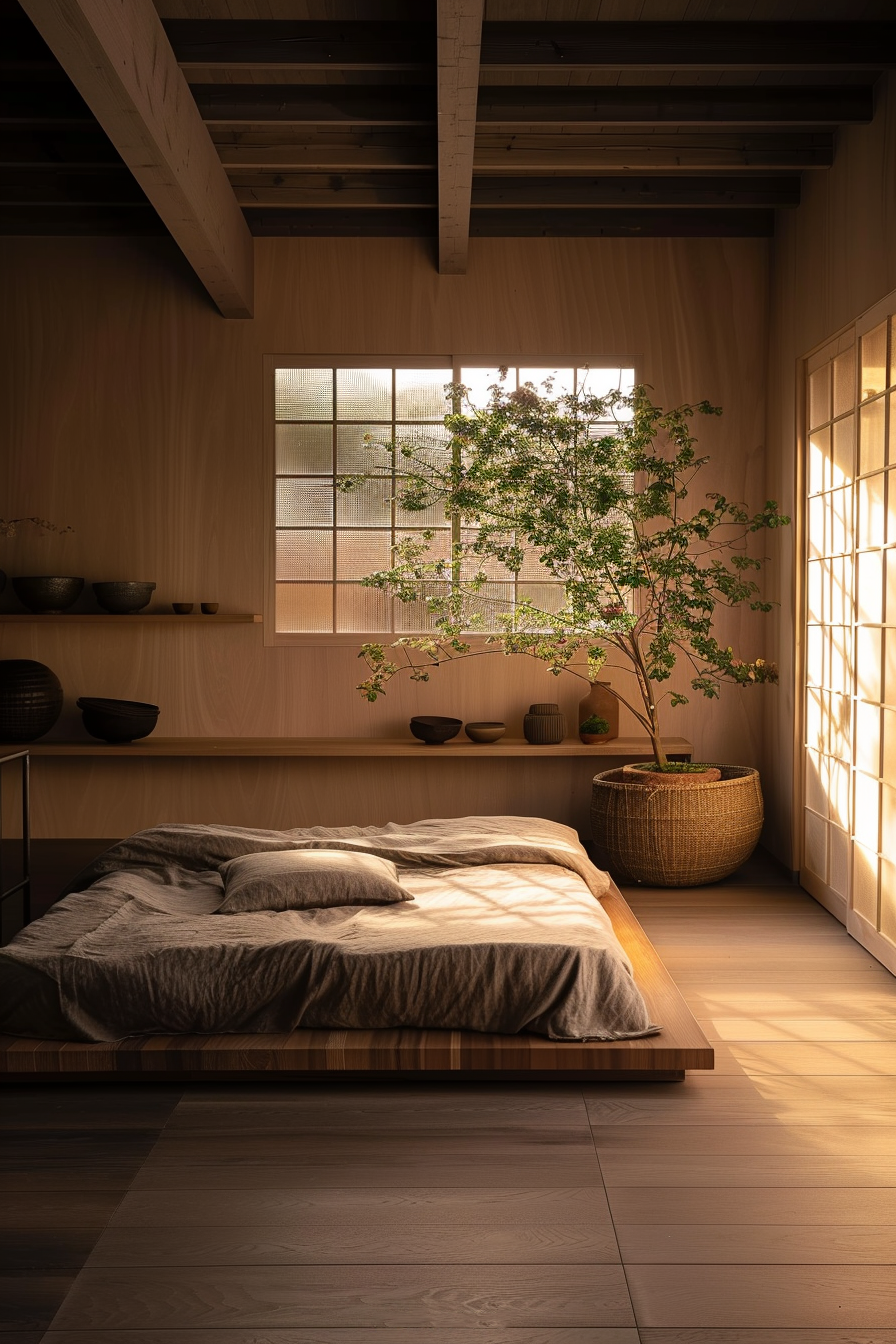 The image shows a serene bedroom bathed in warm sunlight. A large, low wooden bed frame sits in the center, adorned with a crumpled beige duvet and a pair of matching pillows. Adjacent to the bed is a wall-mounted shelf holding a collection of dark ceramic bowls and earth-toned pottery. To the right, a woven basket contains a lush green potted tree, which adds a touch of nature to the room. The natural light casts geometric shadows through a traditional Japanese-style sliding screen, known as a shoji, onto the smooth wooden floor. The atmosphere evokes a sense of calm and simplicity, characteristic of minimalist interior design. The ceiling beams are exposed, contributing to the room's rustic aesthetic. Overall, the image captures a moment of tranquility, combining elements of natural beauty with a clean, modern living space.