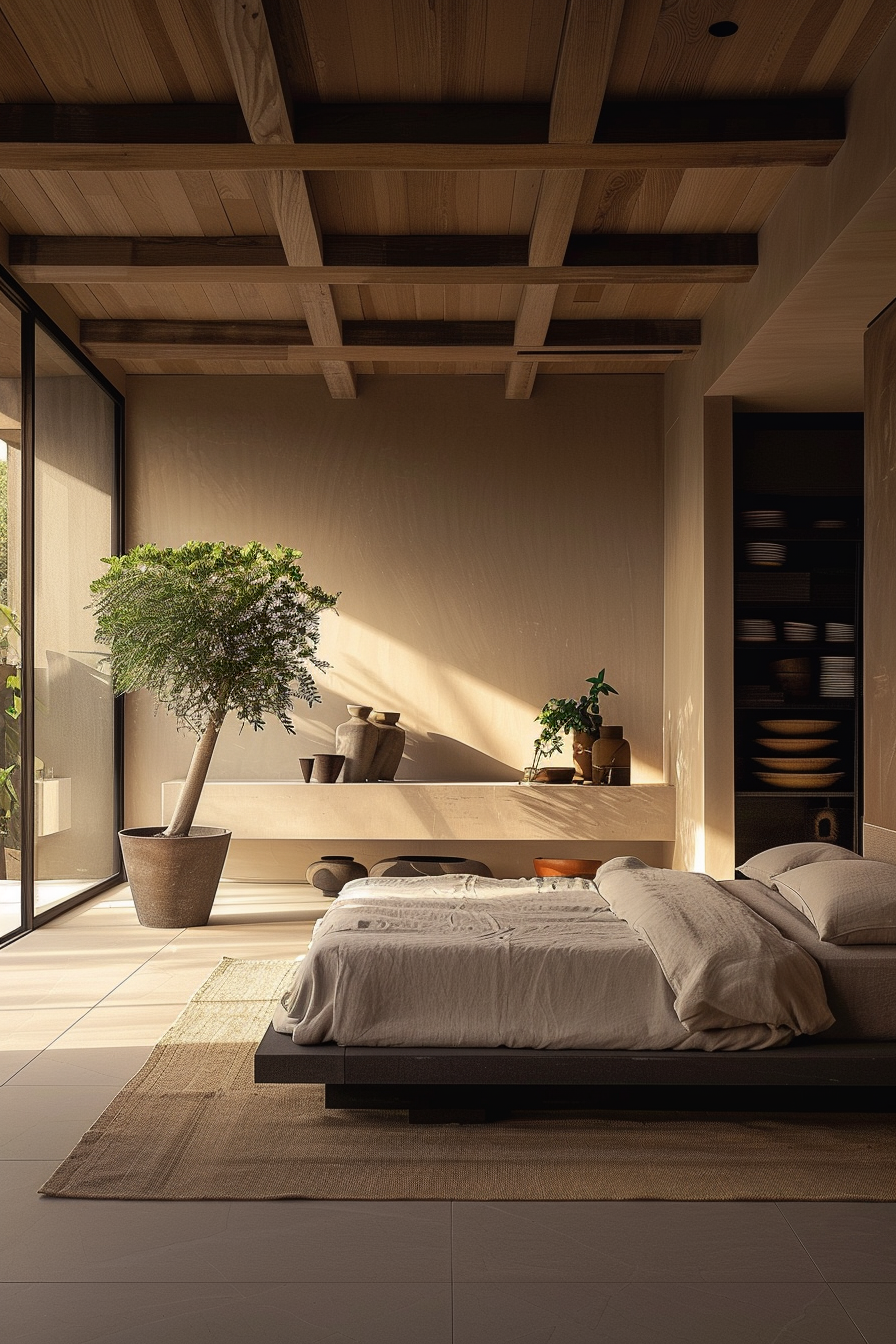 The image showcases a modern and tranquil bedroom interior with a minimalist aesthetic. A low-profile platform bed with neutral-toned bedding takes center stage on a textured rug. The room is bathed in warm natural light that filters through a large window, creating a peaceful ambiance. Near the window stands a potted olive tree, enhancing the room's connection with nature. The back wall features a built-in shelf with an array of pottery and books, contributing to the serene and cultured atmosphere. Exposed wooden beams on the ceiling echo the room's natural palette, and a shelf above the bed displays more earthenware, giving the space an artisanal touch. The entire scene communicates an elegant simplicity and a sense of calm.