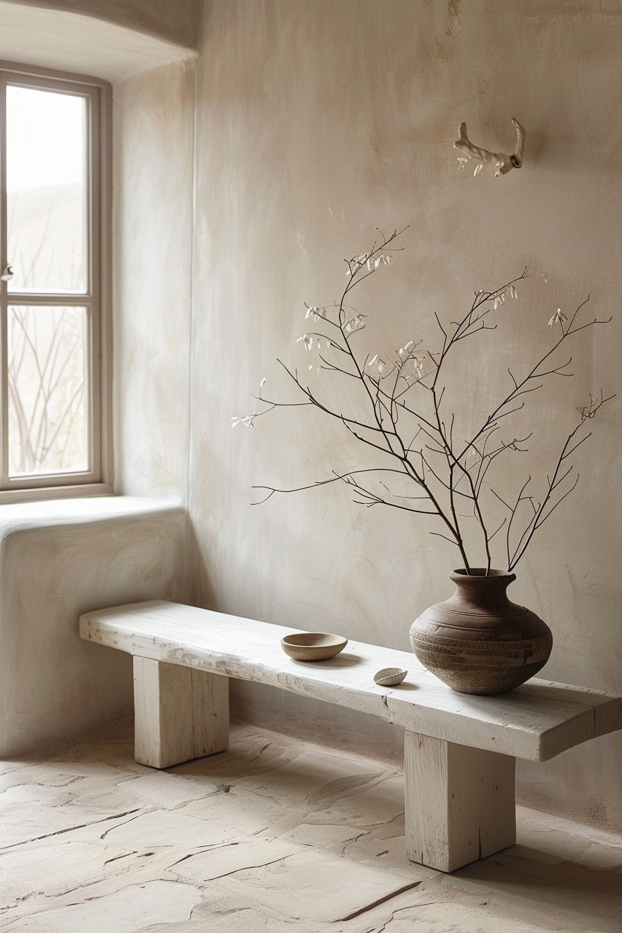 A serene interior with an earth-toned wall, a window, a rustic bench, a clay vase with branches, and two simple bowls on the bench.