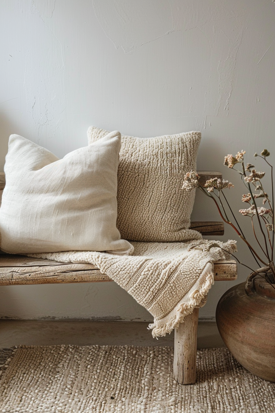 A cozy corner with a rustic wooden bench, white and beige throw pillows, a textured blanket, and a vase with dried flowers.