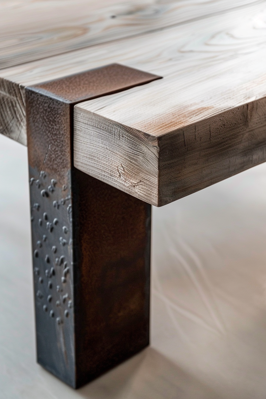 Close-up of a wooden table corner with a textured metal leg.