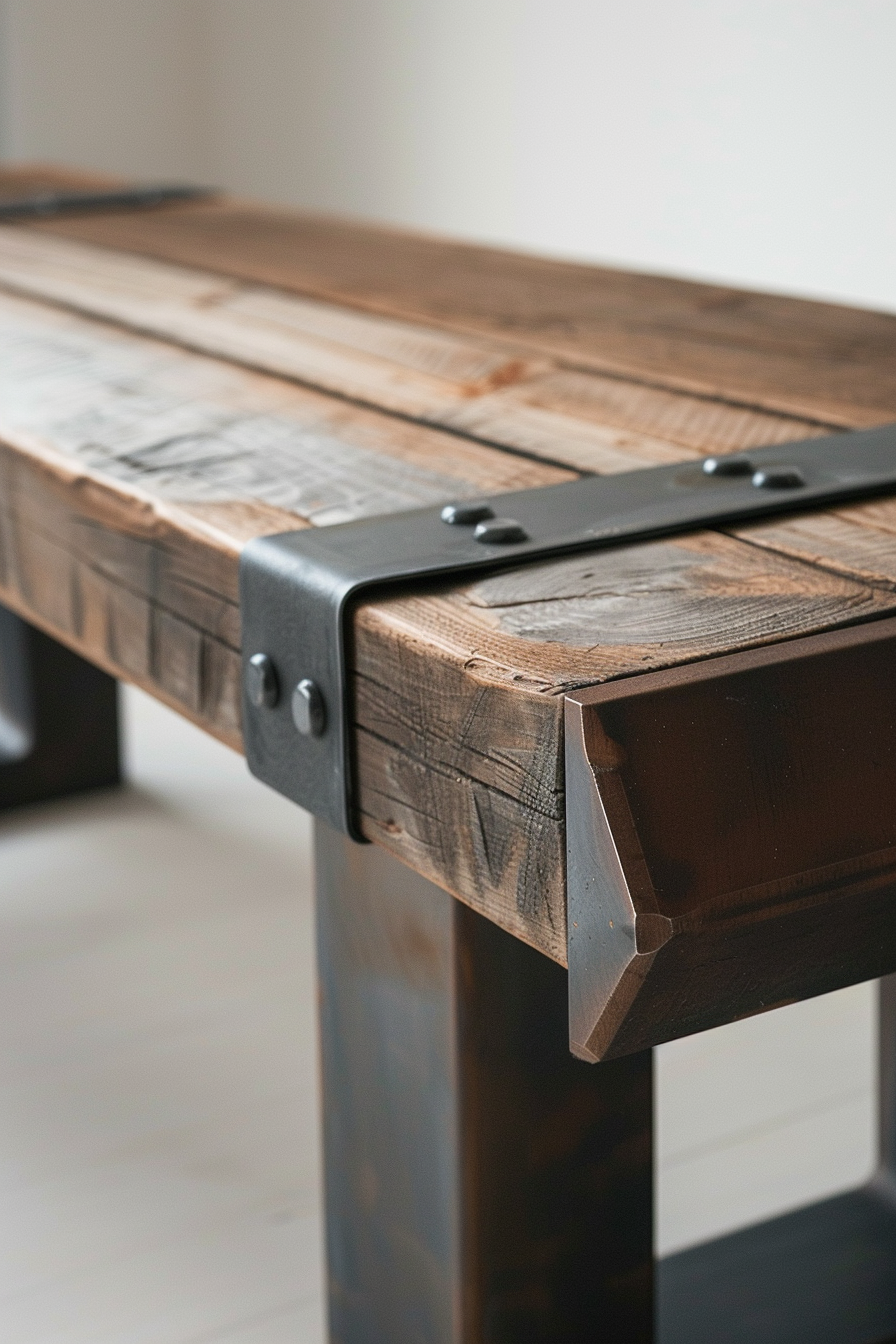ALT: A close-up of a modern wooden table with metal accents, showcasing the wood grain and sturdy construction.