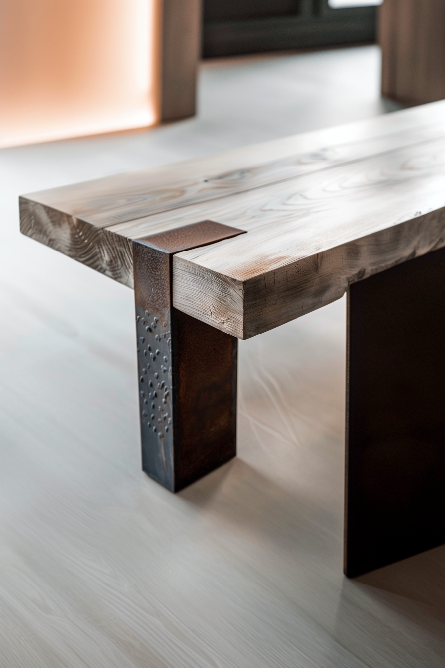 A modern wooden bench with metal legs, showcasing a blend of rustic and industrial design elements.