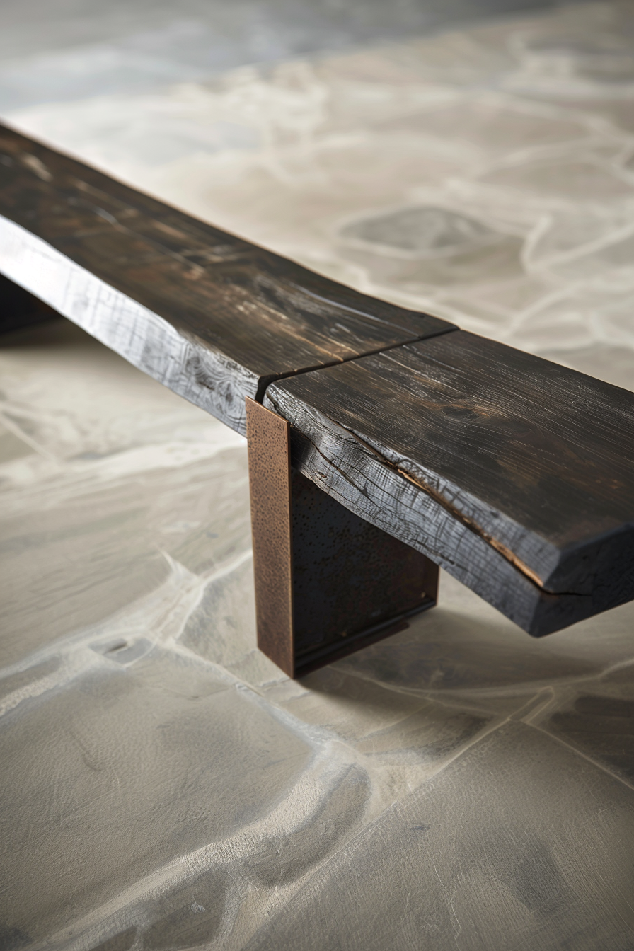 ALT: Close-up of a wooden bench with a dark finish resting on a textured support, set against a wavy-patterned floor.