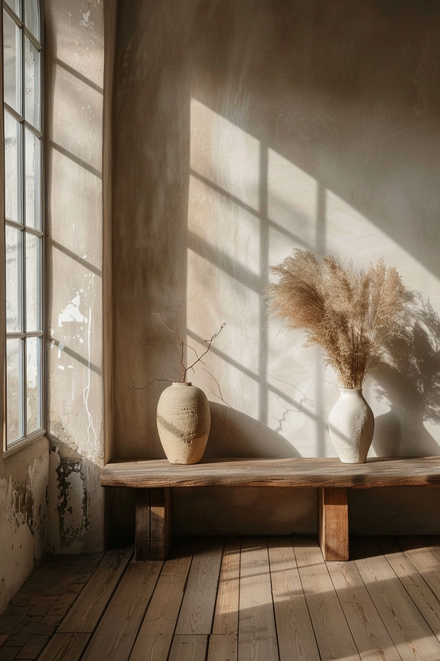 Sunlight casting shadows on a rustic bench with two ceramic vases and dried plants, in a room with weathered walls and wooden floor.