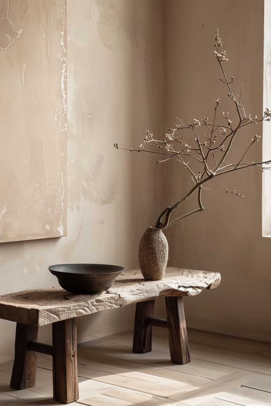 A rustic wooden bench with a textured black bowl and a stone vase holding a branch with blossoms, set against a beige wall.