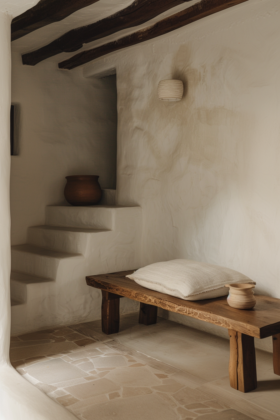 Rustic interior corner with wooden bench, cushion, pottery, and textured white walls under exposed wooden beams.