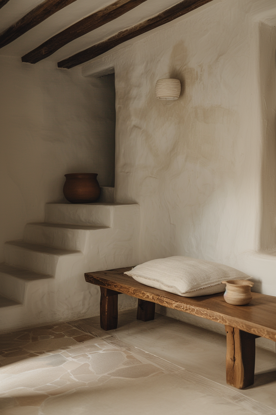 Rustic interior with a wooden bench, a cushion, pottery, and white plastered walls under exposed wooden beams.