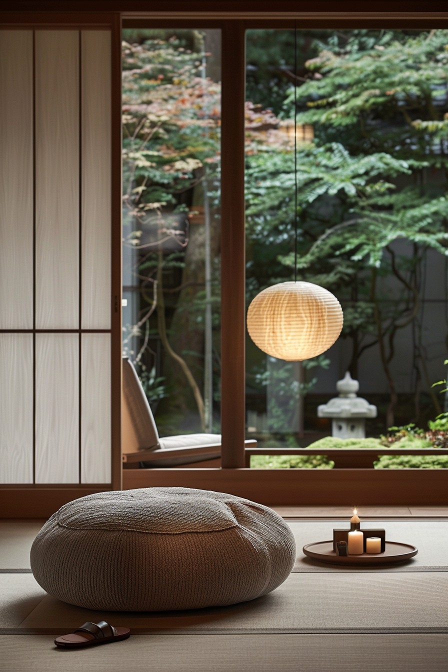 Traditional Japanese room with tatami floors, shoji doors, a hanging lantern, a floor cushion, and a tranquil garden view.