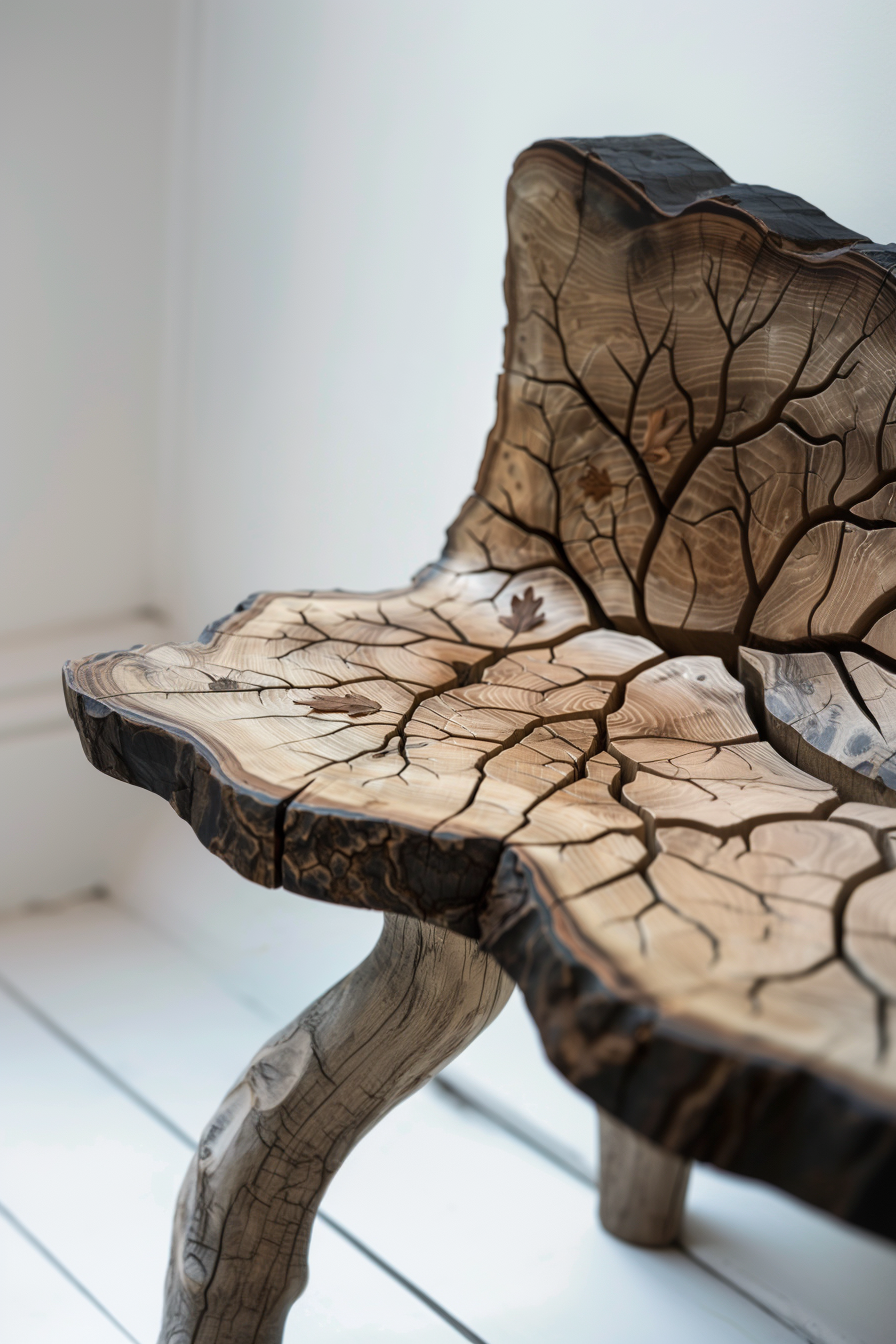 Artistic wooden chair with tree-like design and carved leaves against a white background.