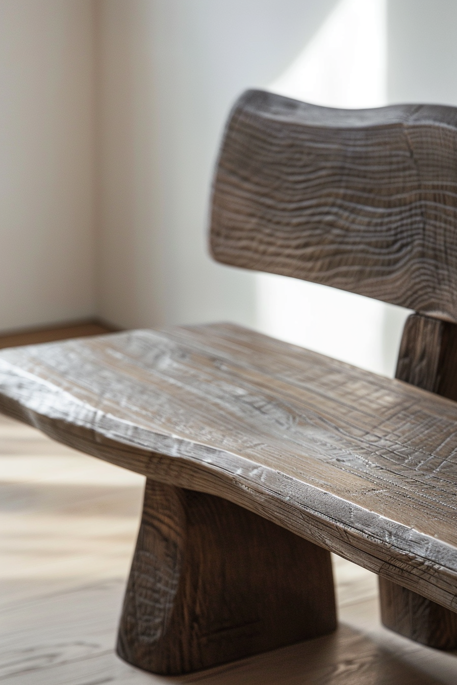 ALT: Close-up of a wooden bench with pronounced wood grain detail, showcasing its unique texture and shape in a room with soft lighting.