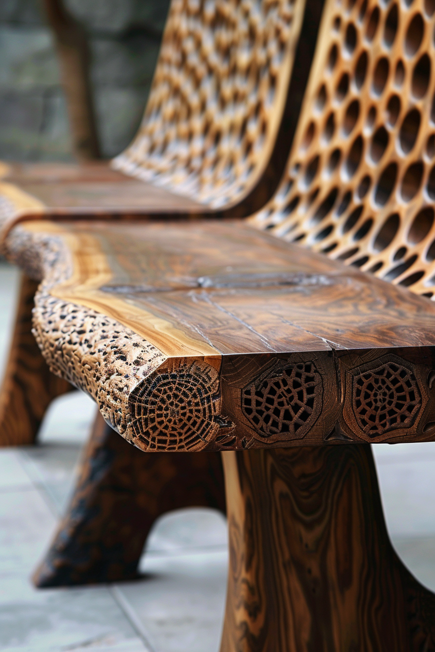 Unique wooden bench with intricate lattice pattern design, showcasing artistic woodworking craftsmanship.