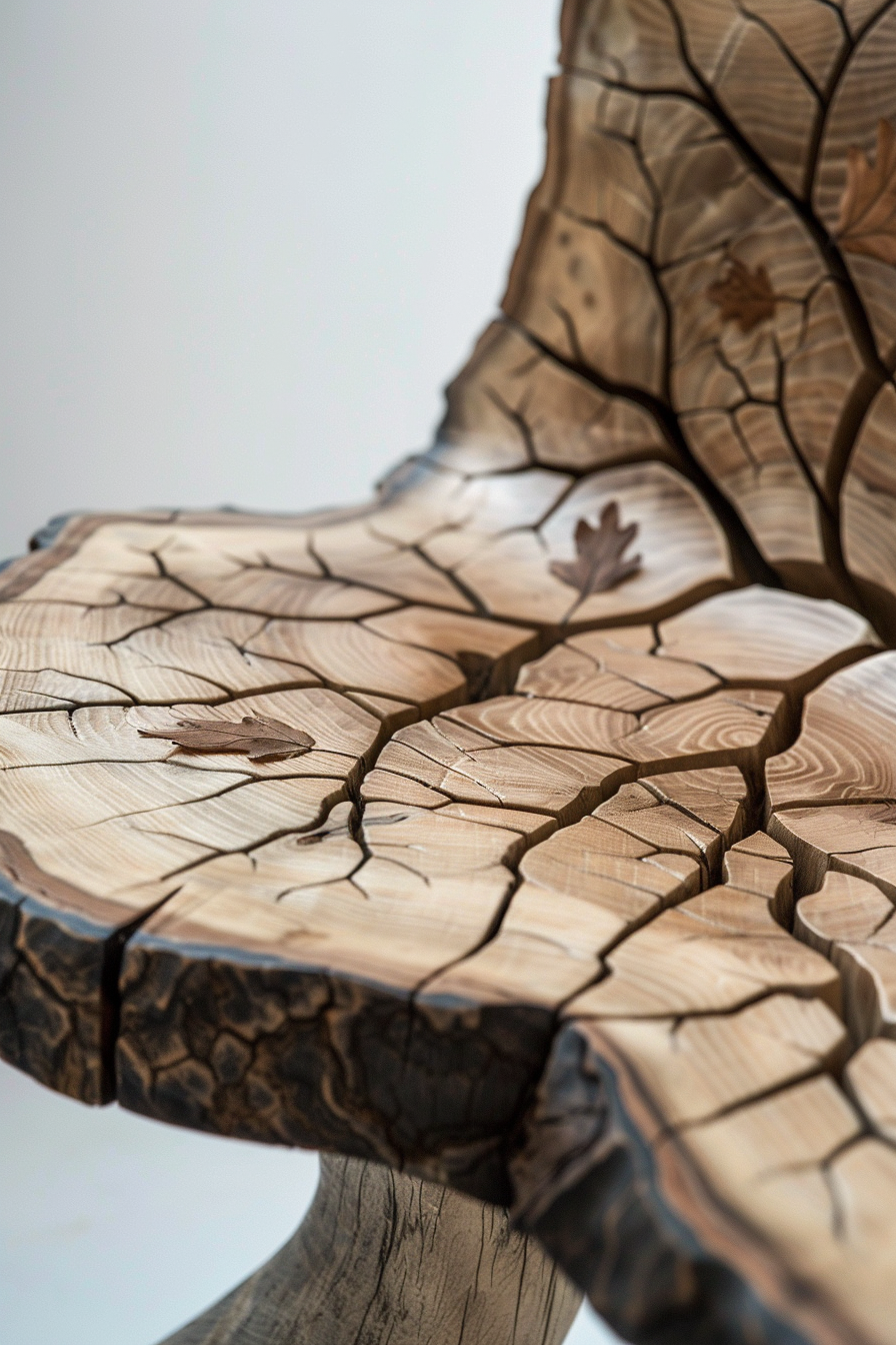 Carved wooden bench with intricate patterns resembling cracked earth and leaves, highlighting natural wood textures.