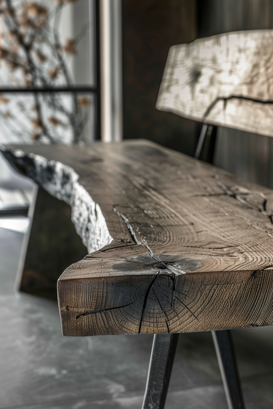 Close-up of a modern wooden bench with a raw edge and a black metal base, showcasing texture and craftsmanship.