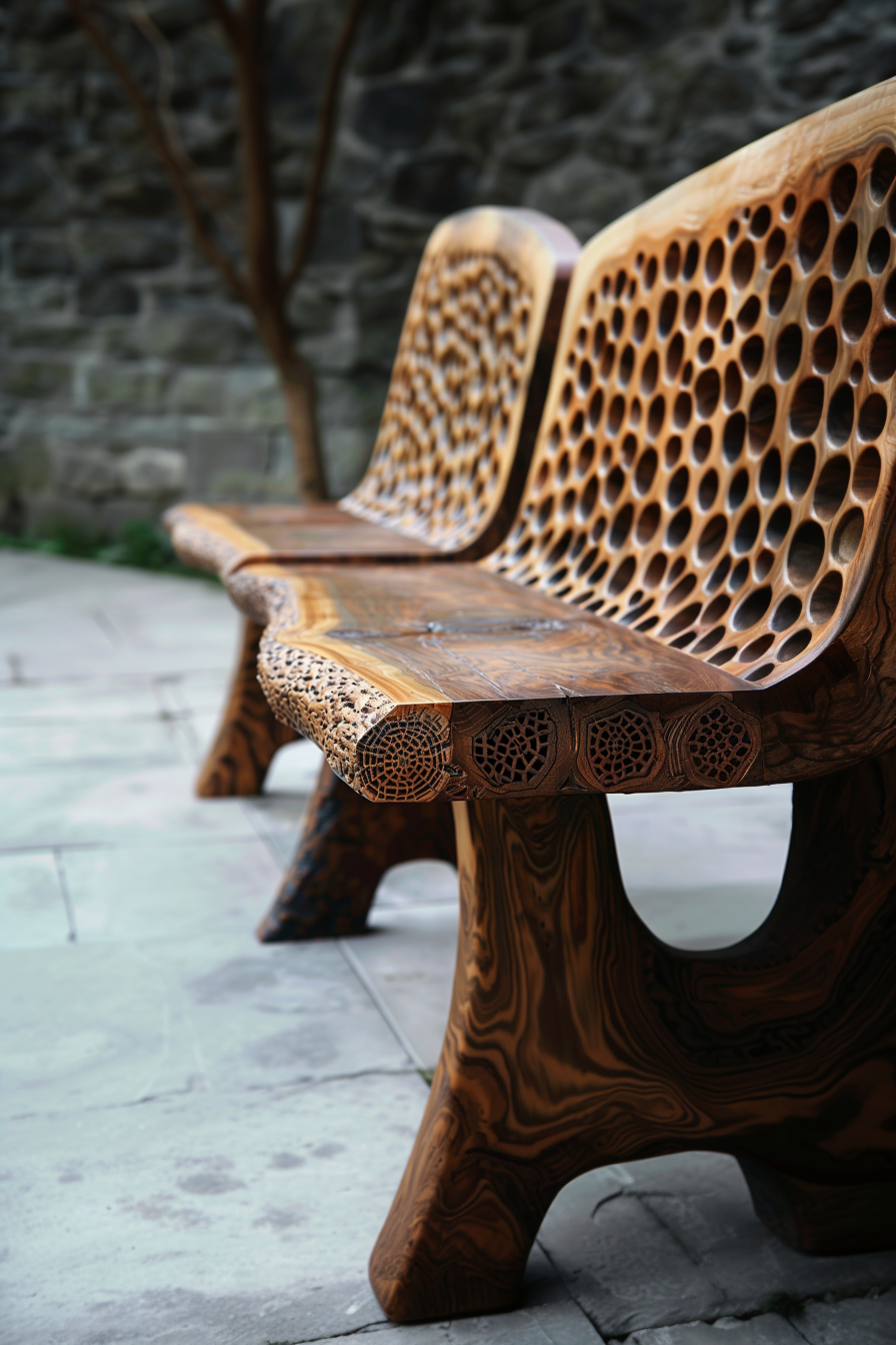 A unique wooden bench with intricate honeycomb-like cutouts on the backrest and seat, set against a stone wall and pavement.