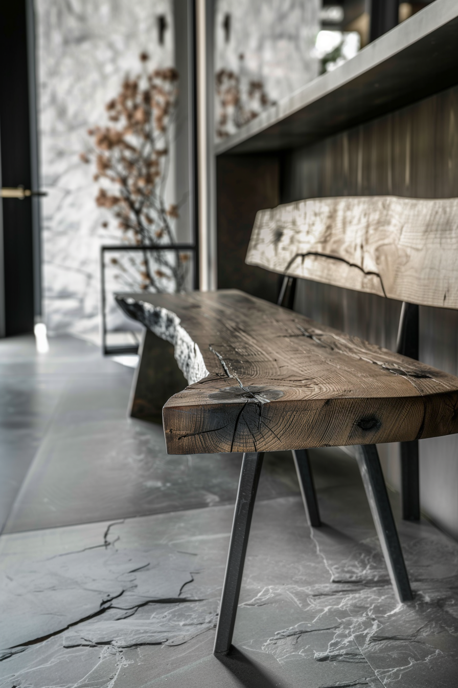 A modern interior featuring a rustic wooden bench with metal legs on a textured grey marble floor, with blurred background details.
