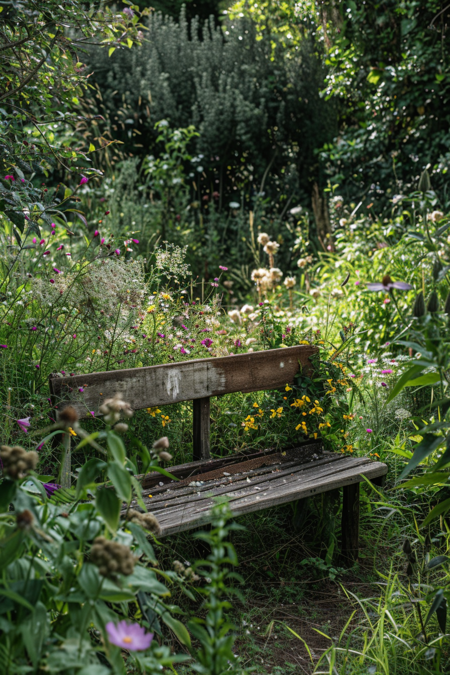 An old wooden bench surrounded by lush greenery and colorful wildflowers in a serene garden setting.