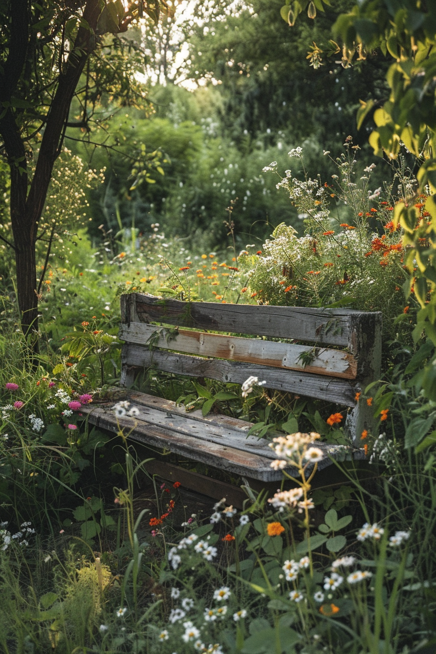 Old wooden bench surrounded by wildflowers in a lush garden, bathed in soft sunlight filtering through trees.