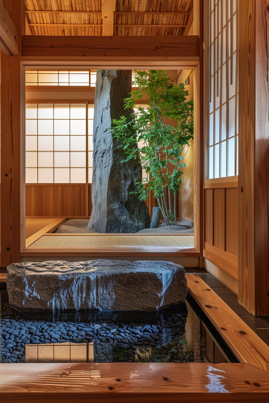 Tranquil traditional Japanese interior with shoji screens, a large rock feature, green plants, and wood elements, evoking Zen aesthetics.