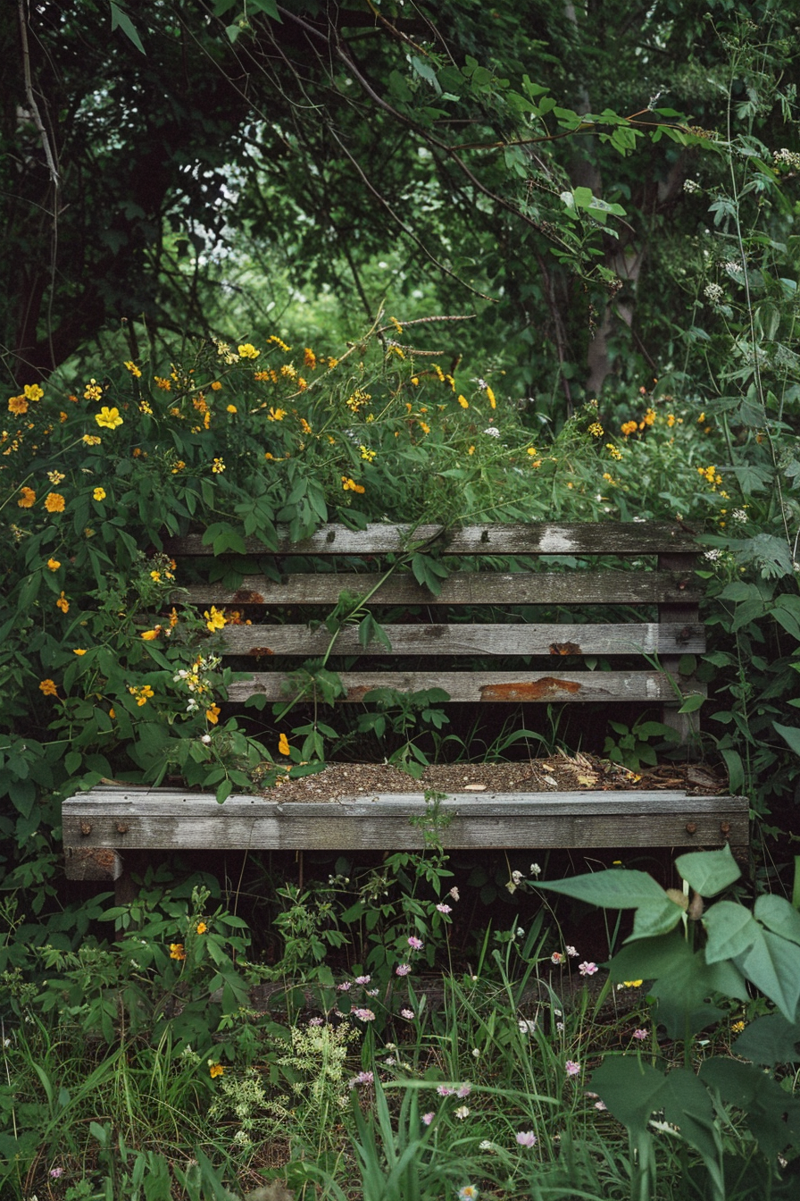An old wooden bench overgrown with lush greenery and yellow flowers in a serene, neglected garden.