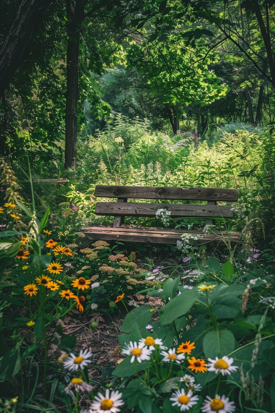 ALT: A secluded wooden bench surrounded by lush greenery and colorful wildflowers, evoking a sense of tranquility in a forest setting.
