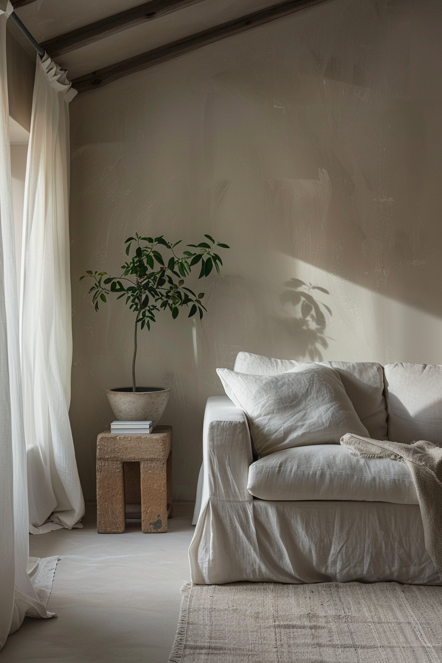 A cozy corner featuring a white linen sofa, a potted plant on a stool, sheer curtain, and sunlight casting a soft shadow on the wall.