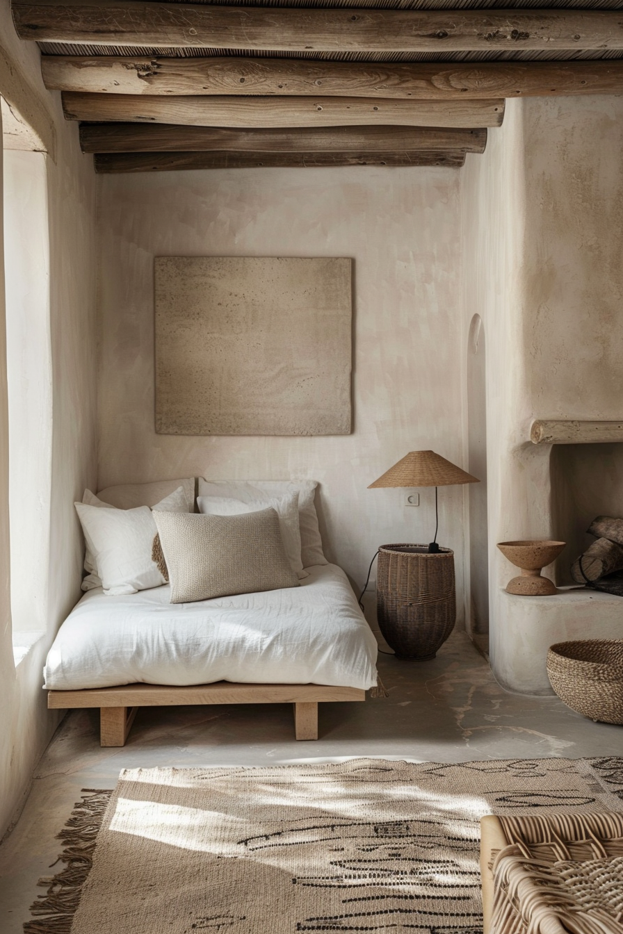 A rustic chic room with a wooden daybed, white linens, a wicker lamp, and textured decor in neutral tones.