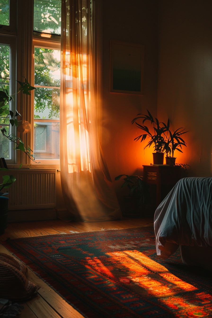 Warm sunlight streaming through a window, casting glowing patterns on a cozy room with plants and a colorful carpet.
