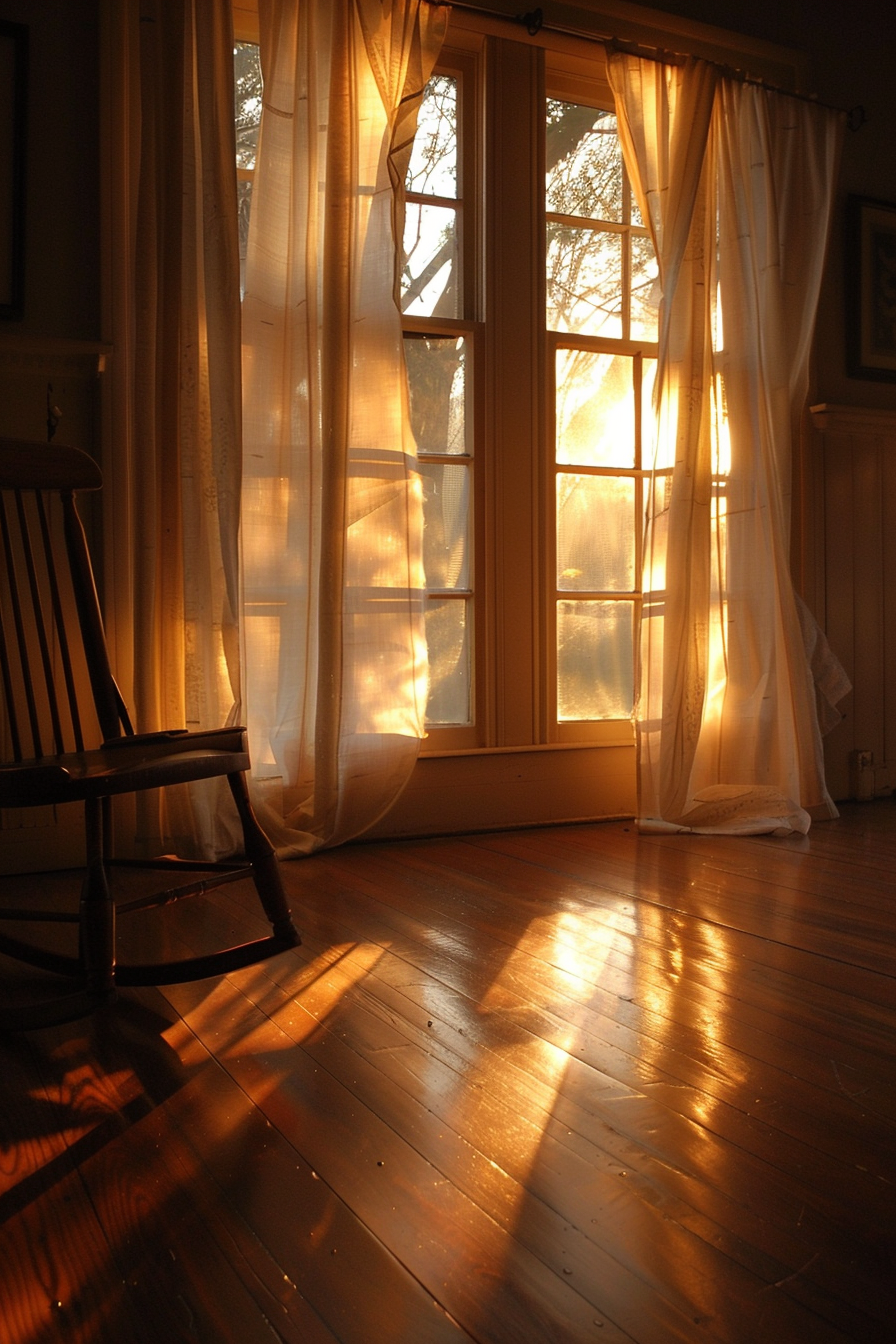 Alt text: Golden sunlight filters through sheer curtains onto a wooden floor beside an empty rocking chair, creating a warm, tranquil scene.